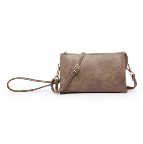 Brown leather clutch bag with a strap on a white background