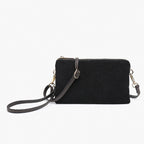 Corduroy Black clutch bag with a strap on a white background