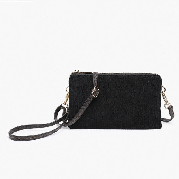 Corduroy Black clutch bag with a strap on a white background