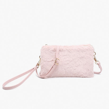 Riley Fur Light Mauve handbag with a strap on a white background