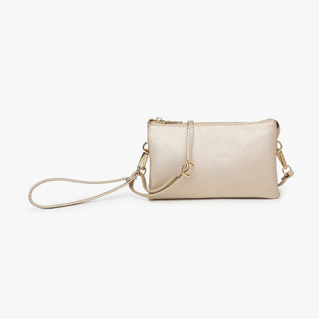 Gold handbag with a strap on a white background