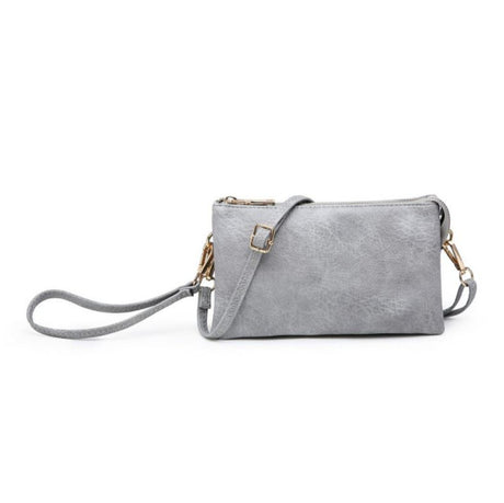 Gray blue crossbody bag with a strap on a white background
