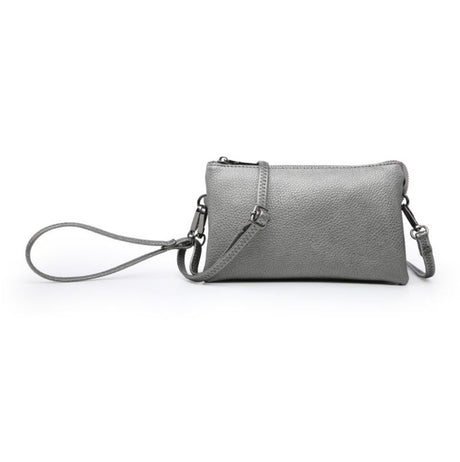 Gunmetal clutch bag with a strap on a white background