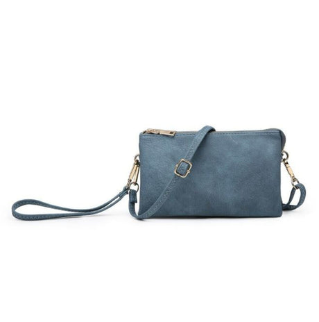 Blue handbag with a strap on a white background