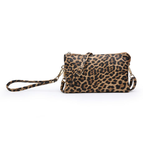 Leopard print handbag with a strap on a white background