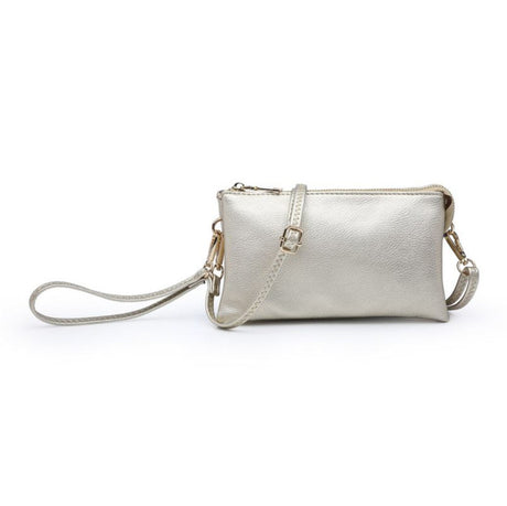 Light gold clutch bag with a strap on a white background