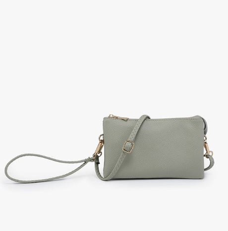 Light Sage clutch bag with a strap on a white background