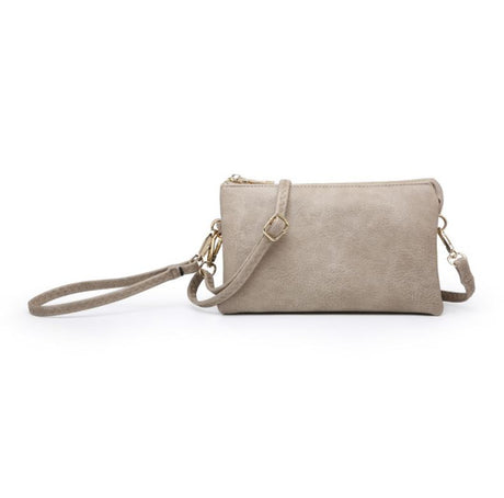 Light stone color handbag with a strap on a white background