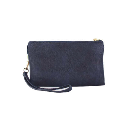 Navy blue clutch bag with a strap on a white background