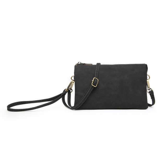 Suede Black clutch bag with a strap on a white background