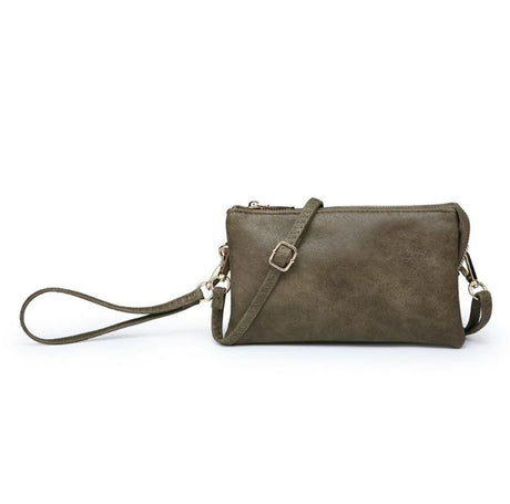 Olive green leather clutch bag with a strap on a white background