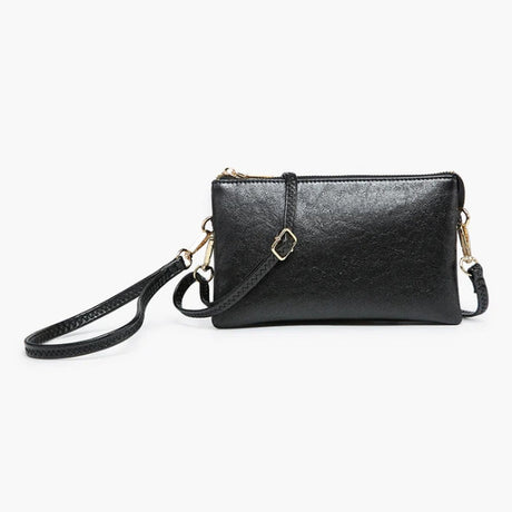 Black vegan leather clutch bag with a strap on a white background