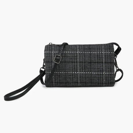 Black plaid handbag on a white background