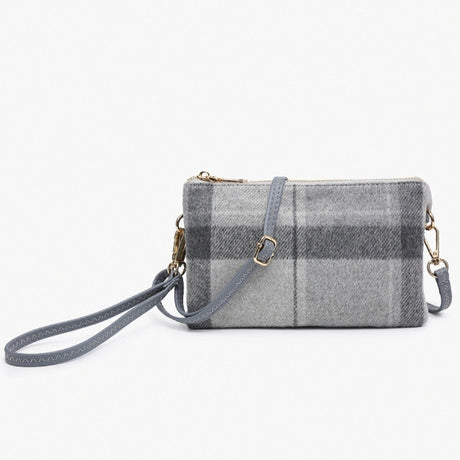 Riley Plaid Grey patterned handbag with a strap on a white background