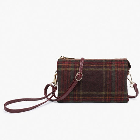 Riley Plaid Maroon handbag with a brown strap on a white background