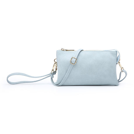 Light blue handbag with a strap on a white background
