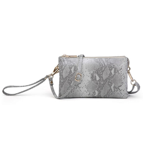 Riley Python Grey clutch bag with a strap on a white background