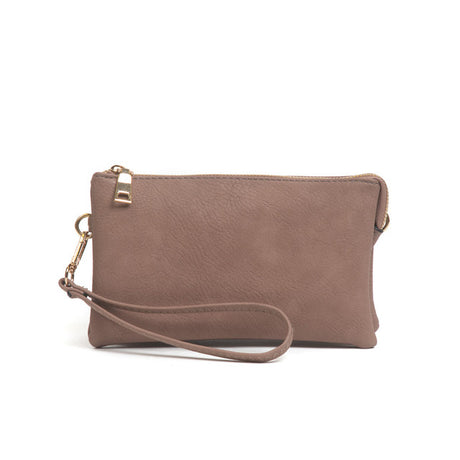 Rosewood vegan leather clutch with a strap on a white background