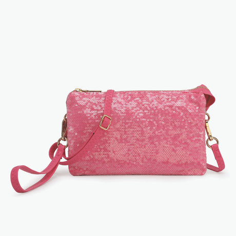 Riley Sequin Hot Pink crossbody bag on a white background