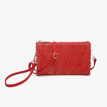 Riley Shimmer Stripe Red handbag with a strap on a white background