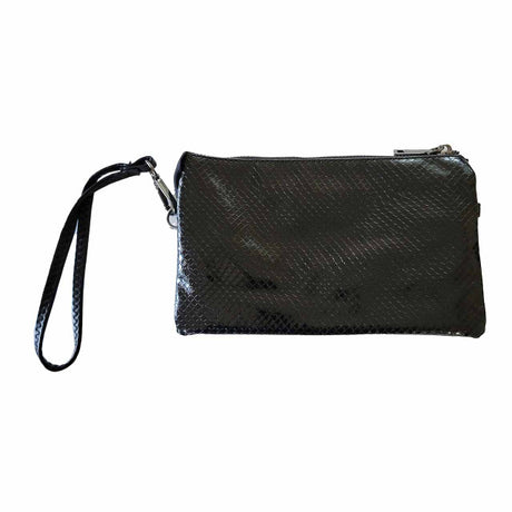 Snake Black textured clutch bag with wrist strap on a white background