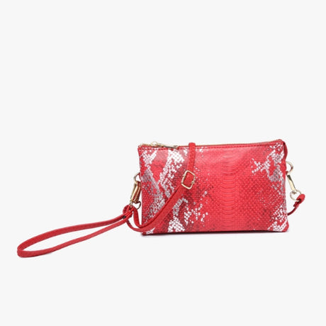 Red snake metallic crossbody on a white background