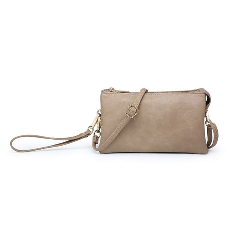 Taupe handbag with a strap on a white background