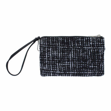 Black and white textured clutch bag on a white background