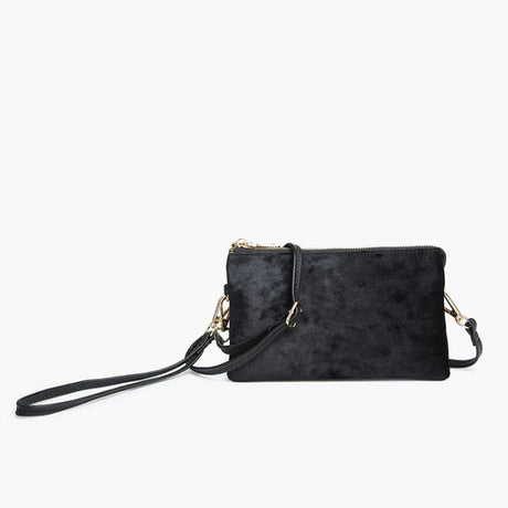 Velvet Black clutch bag with gold accents on a white background