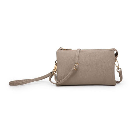 Warm grey handbag with a strap on a white background