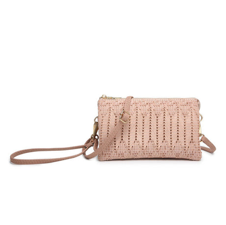 Woven handbag with a strap on a white background