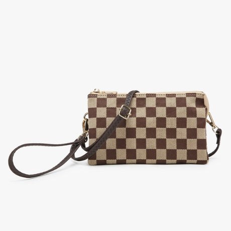 Checkered handbag with a strap on a white background