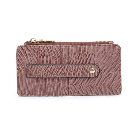 Pink wallet with gold zipper on a white background