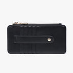 A black leather zip-around wallet with card slots, a front strap closure, and a gold-tone snap button, shown against a plain white background.