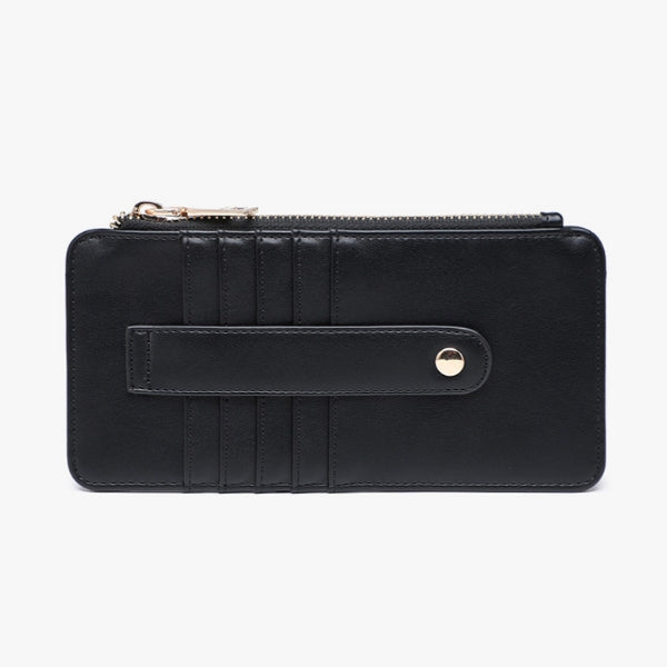 A black leather zip-around wallet with card slots, a front strap closure, and a gold-tone snap button, shown against a plain white background.