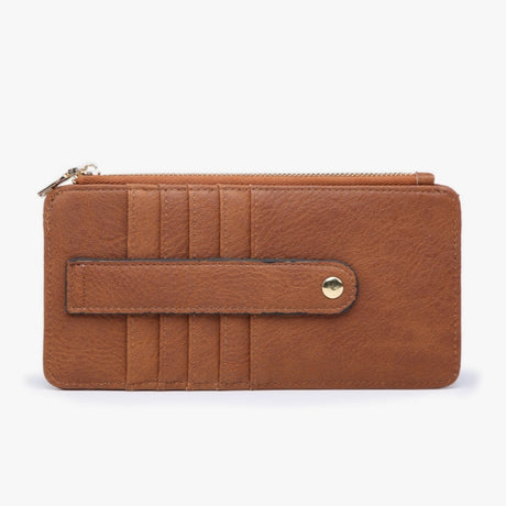 A brown faux-leather zip-around wallet with card slots, a front strap closure, and a gold snap button, shown on a plain white background.