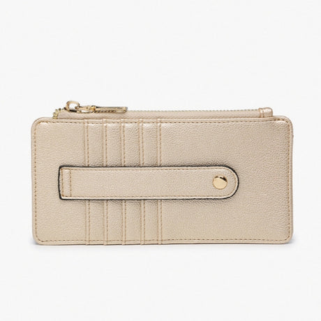 A light gold pebbled leather zip-around wallet with a horizontal strap closure and gold-tone hardware, shown against a plain white background.