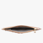 An open metallic rose gold zip pouch with a dark gray patterned interior, shown against a plain white background.