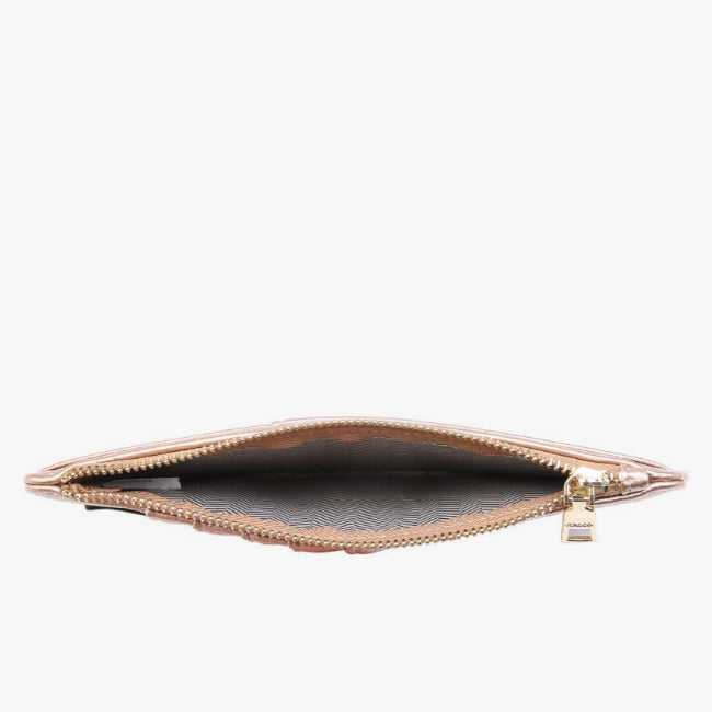 An open metallic rose gold zip pouch with a dark gray patterned interior, shown against a plain white background.