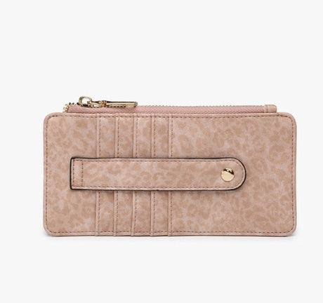 Peach cheetah print wallet with a strap on a white background