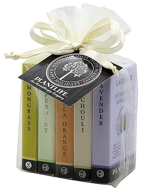 Plantlife Soap Sampler Gift Set Includes 1 oz bar each of Lemongrass, Peppermint, Vanilla Orange, Patchouli and Lavender soap.