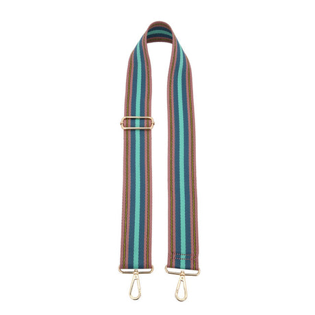 Striped bag strap with gold hardware on a white background