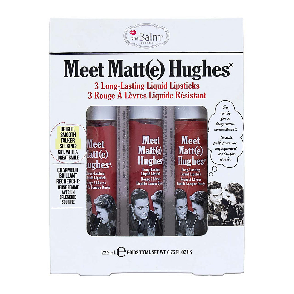 theBalm Meet Matt(e) Hughes 3-pc Lip Kit includes 3 full size liquid lipsticks in the shades Sincere, Committed and Charming.