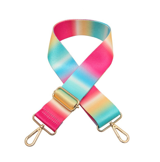 Multicolored striped bag strap with gold hardware on a white background