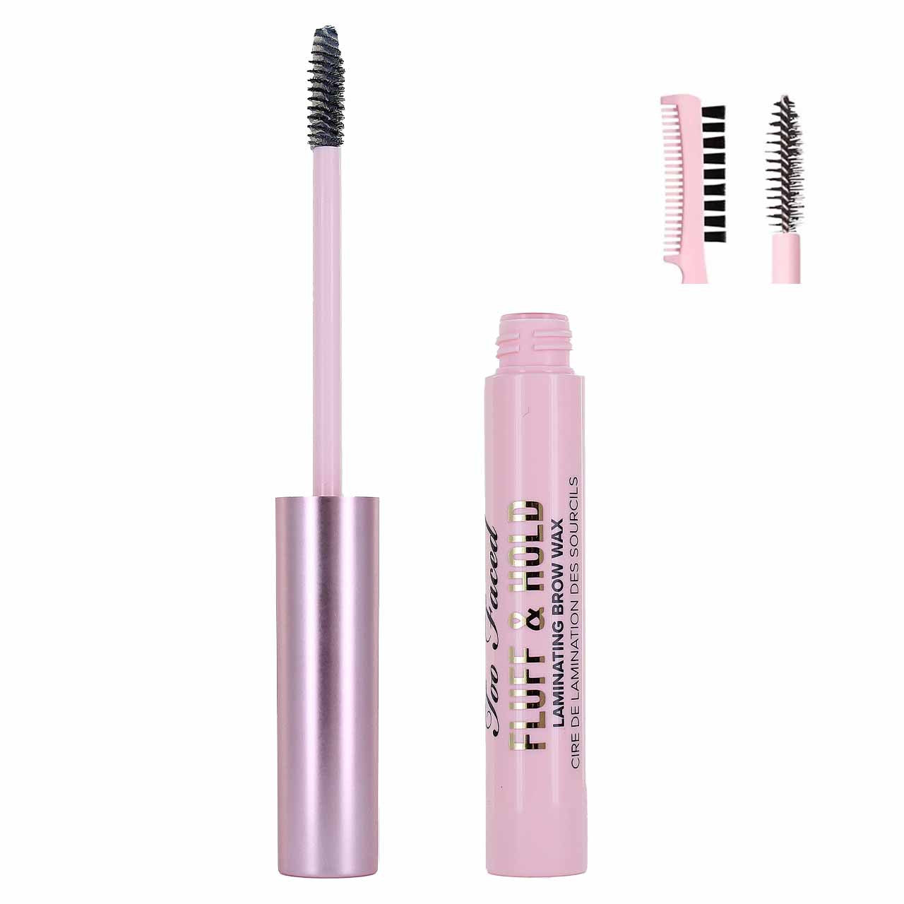 Too Faced Fluff & Hold Laminating Brow Wax with brush close up
