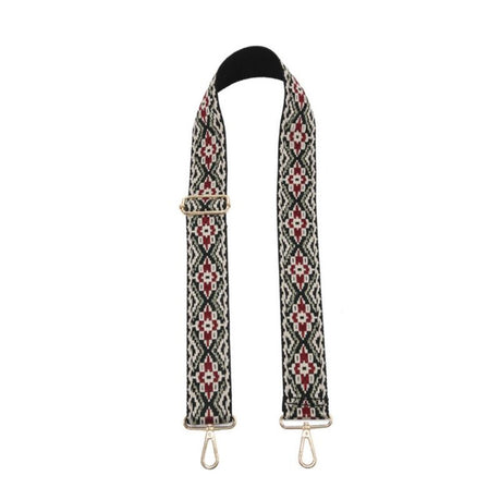 Patterned bag strap with metal clasps on a white background