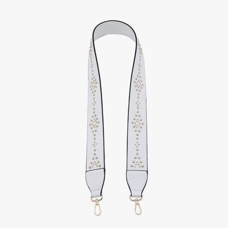 White bag strap with gold pearl embellishments on a white background